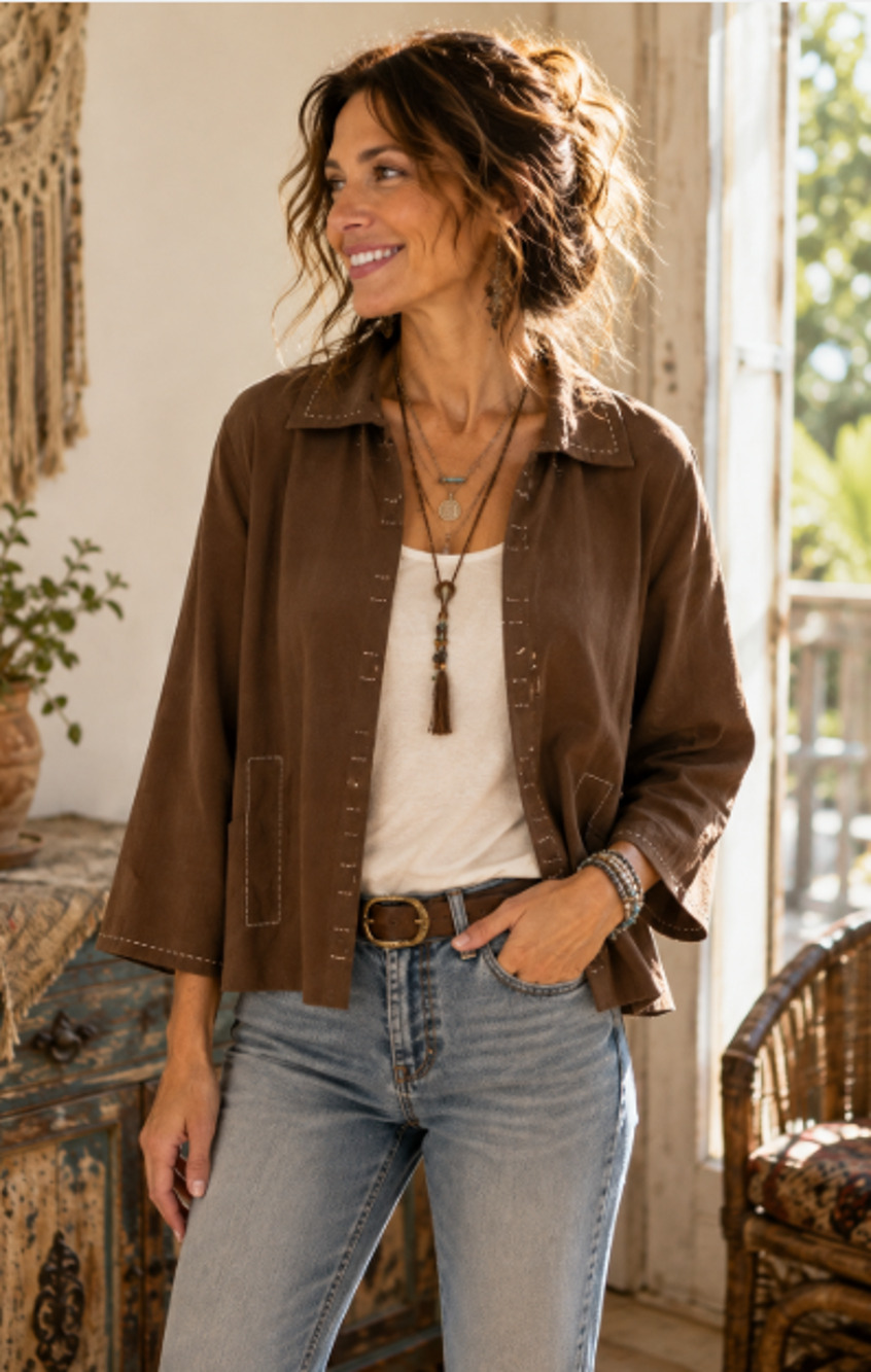 Coldwater Creek Jacket Womens Medium Brown Linen Bld Lined Hook Closure western